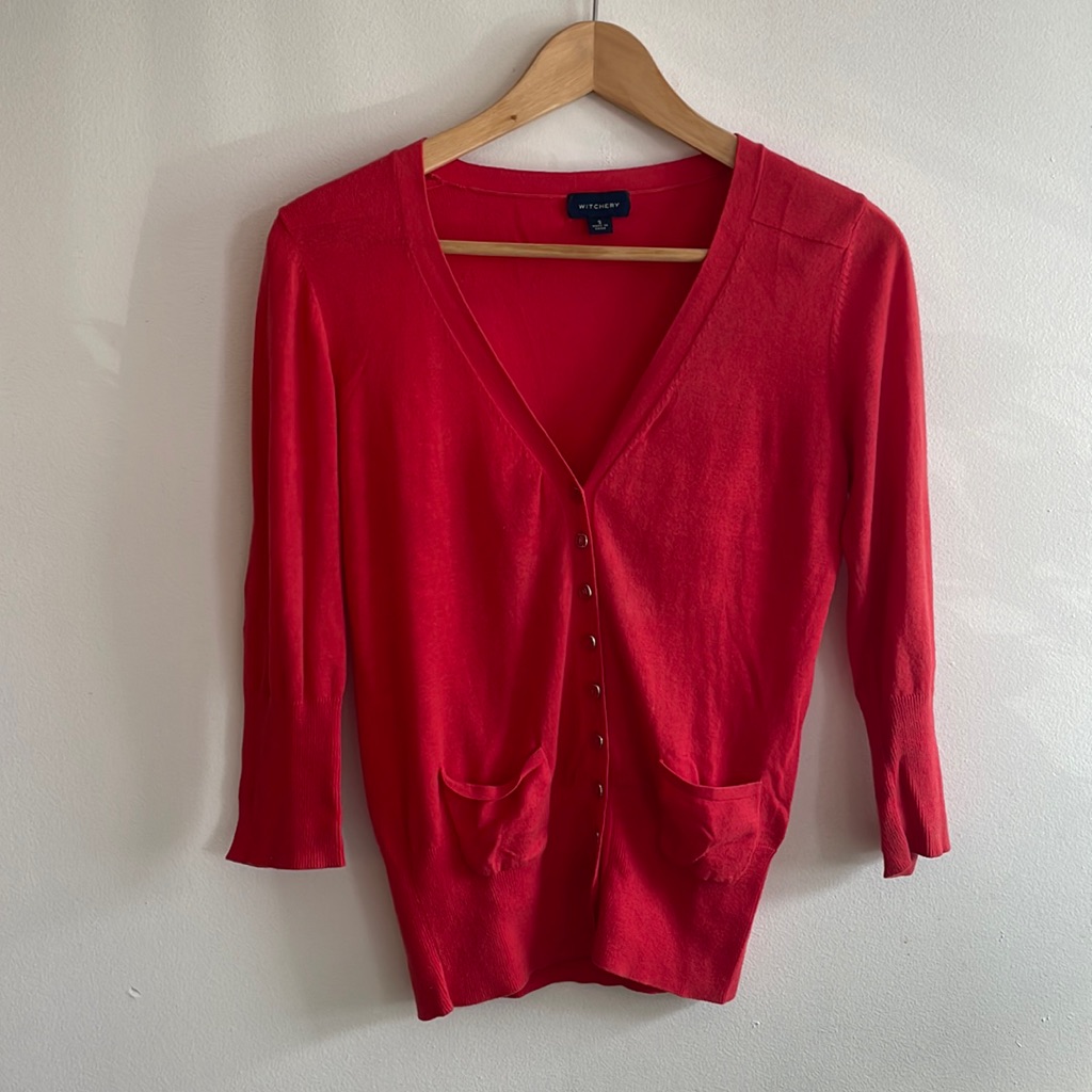 Nwot Red Cotton 3/4 Sleeve Sweater Cardigan Australian Brand Witchery Small